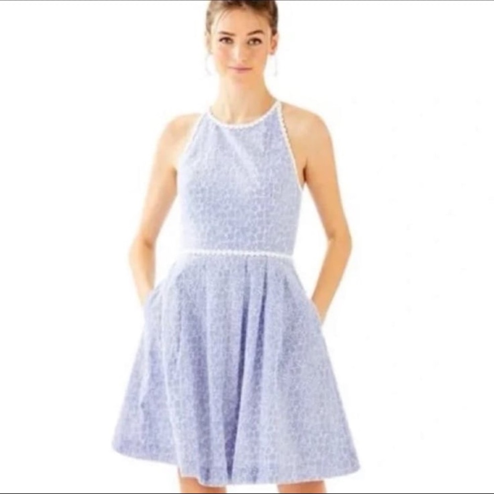 LILLY PULITZER TORI DRESS, CREW BLUE, FLORAL EYELET, SIZE 10
